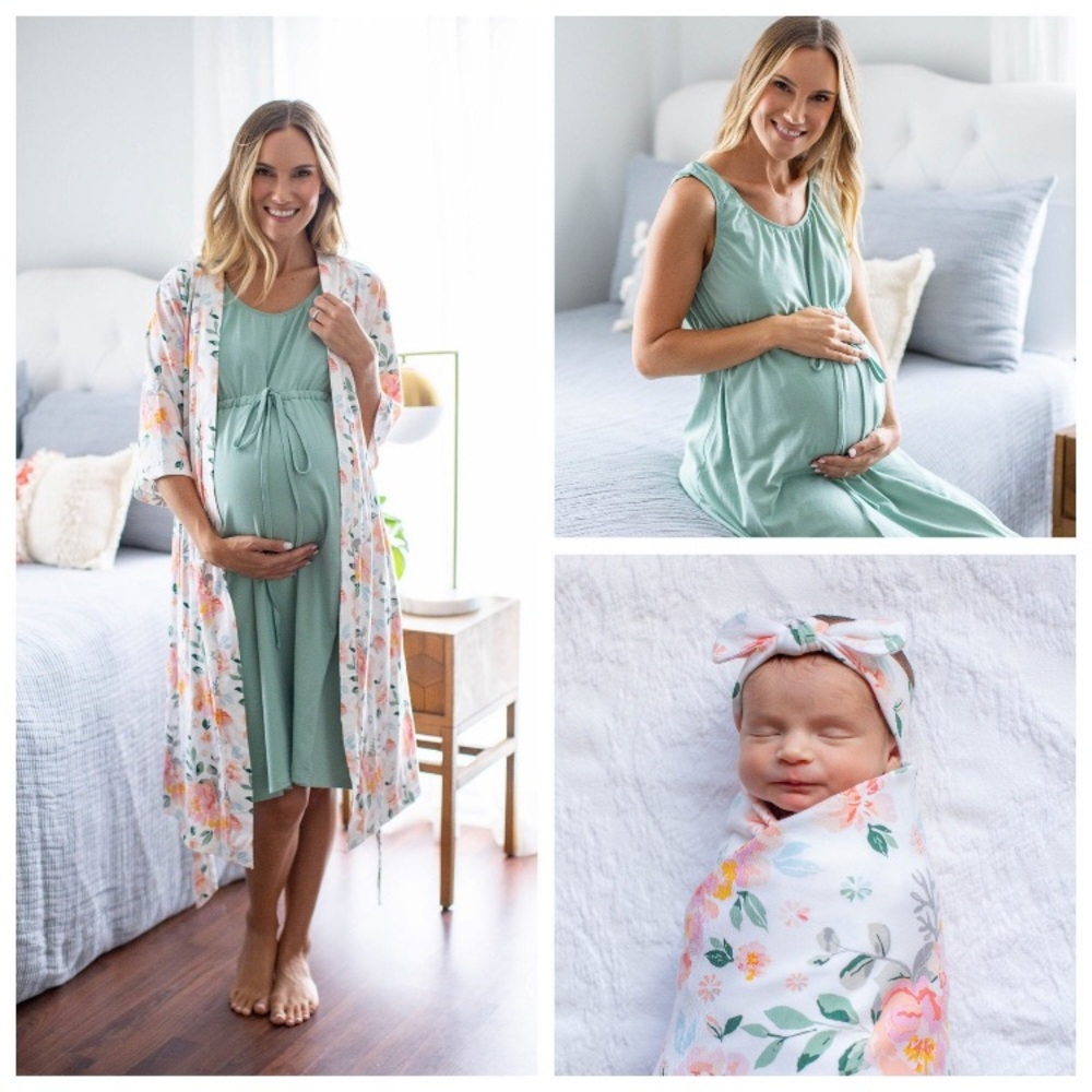 Labor delivery gown, robe and blanket with bow.
